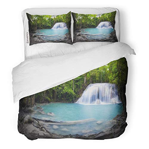 Tarolo Bedding Duvet Cover Set Blue River Panorama of Tropical Forest Waterfall and Small Pond in Thailand Scenic Nature Green Amazing 3 Piece Twin 68x90 Quilt Cover with Zipper Closure