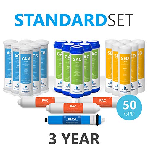 Express Water - 3 Year Reverse Osmosis System Replacement Filter Set - 22 Filters with 50 GPD RO Membrane Carbon GAC ACB PAC Filters Sediment SED Filters - 10 inch Size Water Filters