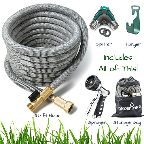 ALL NEW 50 ft Expandable Garden Car Wash RV Water Hose BUNDLE Strongest 2017 TRIPLE Core Expanding Latex Technology Brass Connectors Includes Mount 7 pattern spray nozzle storage bag splitter