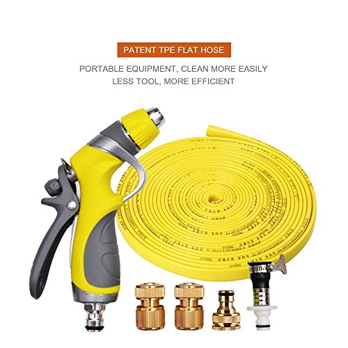 Vetroo 15m  50ft Lay-Flat TPE Discharge Garden Water Hose Pipe Copper Alloy with Heavy Duty High Pressure Nozzle Sprayer Yellow