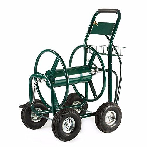 US Stock Kissemoj Green Heavy Duty Water Hose Reel Cart 300 FT Outdoor Garden Yard with Basket