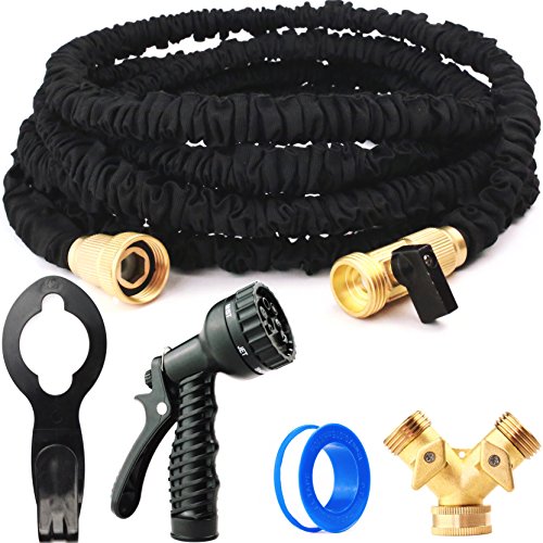 New Version FULL SET 75ft Heavy Duty Expandable Hose Upgraded Brass Fittings Shut-off Valve Flexible Expanding Garden and Utility Water Hose 75 foot Sprayer Hanger Splitter Adapter Tape