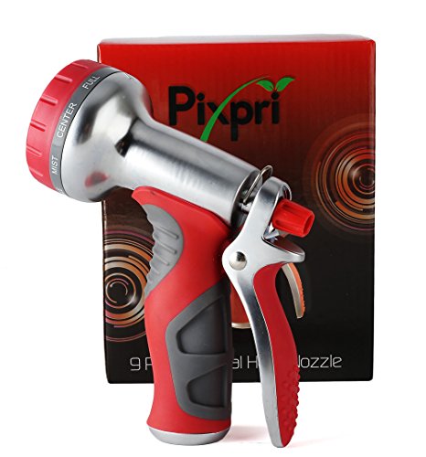 Pixpri Garden Hose Nozzle – Pistol Grip Rear Trigger – Heavy Duty Metal, 9-pattern Water Sprayer For Watering