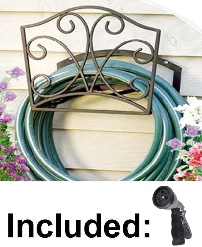 Garden Hose Holder - Decorative Bronze Metal Wall Mount Hanger Rack Including Spray Nozzle