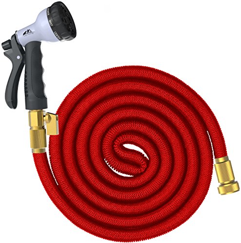 SuperGrowing 75 Feet Flexible Expandable Rubber Garden Hose with Solid Brass Connector and valveDouble Layer Latex Core8 Function Spray NozzleLarge Hose Hook HolderRED 75Ft