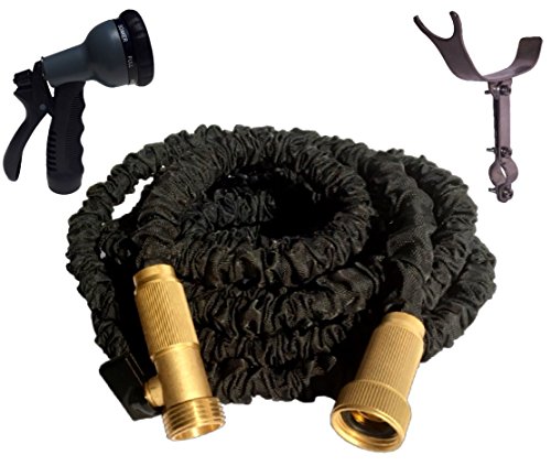 50 Foot Black Expandable Garden Hose Strongest Expanding Garden Hose Solid Brass Fittings Stainless Steel Holder