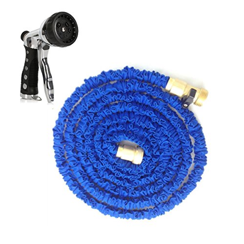 Clezer 100FT Retractable Garden Hose Expandable Stretch Car Watering Pipes Magic Hose Double Latex Core Solid Brass Ends for Irrigation with Water Hose Nozzle Blue