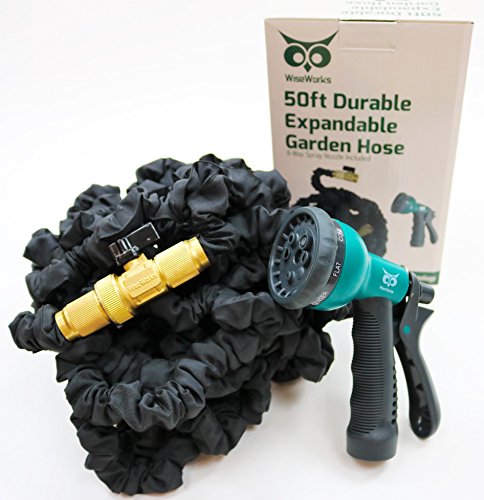 50ft Durable Expandable Flexible Garden Water Hose Black Polyester Jacket TPU Inner Core THE NEW LEADER IN DURABILITY Brass Couplings 8-Way Nozzle OVER 5000 PRESSURIZATION CYCLES