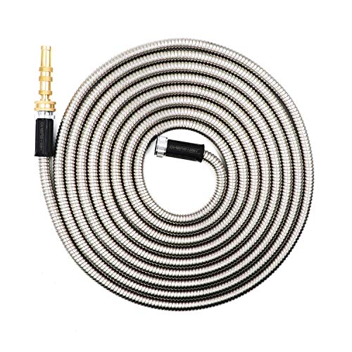 HIGH GRAND 25 Ft 304 Stainless Steel Metal Garden Hose Pipe with Solid Brass Nozzle 8 Function Spray GunLightweight Portable Durable Flexible and No Kink Cool to The Touch Tangle Puncture Resistant