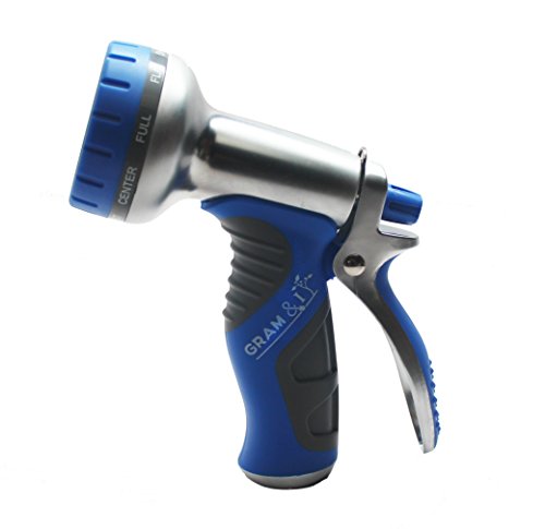 Gram&i Garden Hose Nozzle - 9 Pattern Aluminum Heavy Duty Hand Spray Nozzle - Extra Gaskets For Maximum Gardening