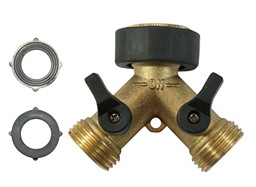 2-Way Solid Brass Y Valve Garden Hose Connector Splitter with Comfort Grip and Extra Washers