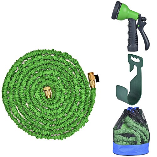 50ft Brass Connectors Expandable Garden Hose Tool Kit - 50ft Flexible Kink 8 Setting Spray Nozzle Hose Hanger Storage Bag And Valve Included The Best Garden Hose for all your Watering Needs