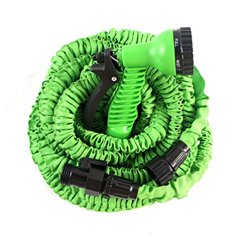 75 Feet Rubber Expandable Garden Hose  High Pressure 7 Function Spray Nozzle and Shut-Off Valve Light Weight Strong No Kink And Super Flexible 75FT Green