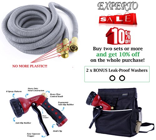 EXPERTO Expandable Garden Hose 3 in 1 KIT 25ft 50ft 75ft 100ft Silver Red Blue Green - Expending Hose  Heavy Duty 8 Pattern Metal Watering Nozzle  Hose Storage Bag 100ft Silver