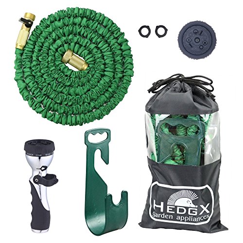 HedgX Expandable Water Hose 50ft - Best Auto Expanding Contracting as Seen on TV Incredible Deluxe Garden Set 9-Way Nozzle Holder Heavy Duty Top Brass Fittings Metal Valve 2 Washers and Bag