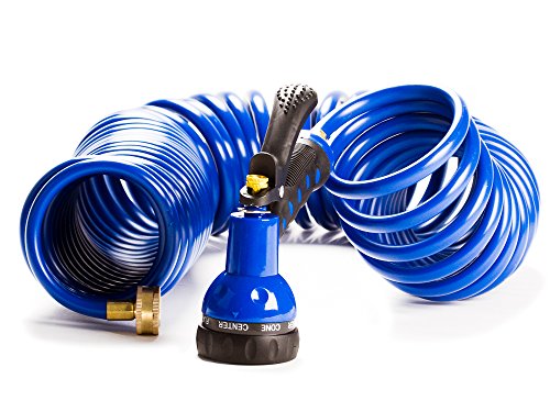 Expandable Garden Hose - 50 Ft Flexible Coil Hose w 7 Function Spray Gun Water Nozzle - Blue