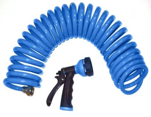 Garden Boat 50-Foot Blue Coil Hose Spray Nozzle