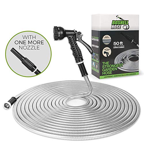 BOSNELL 50FT Metal Garden Hose Dog Free and Kink Free304 Stainless Steel Hose with 2 Free Nozzles Lightweight Ultra Flexible and Tangle Free Cool to Touch Outdoor Hose Renewed