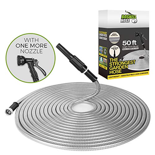 BOSNELL 50FT Metal Garden Hose Dog Free and Kink Free Stainless Steel Hose Nozzle Lightweight Ultra Flexible and Tangle Free Cool to Touch Outdoor Hose