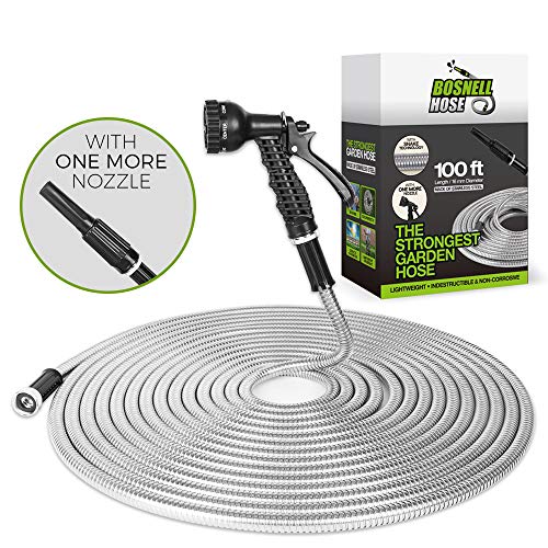 Metal Garden Hose 100FT Water Hoseoutdoor hose Lightweight Ultra Flexible and Tangle Free Dog Free& Kink Free304 Stainless Steel Hose with 2 Free Nozzles Cool to TouchTough and DurableBOSNELL
