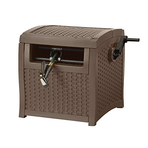 Suncast Resin Hose Hideaway with Hose Guide - Durable Outdoor Hose Storage Reel with Crank Handle Lid and Slide Trak Hose Guide - 225 Hose Capacity - Mocha Wicker