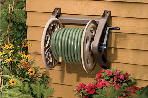 Suncast Resin Outdoor Wall Mount Hose Reel - Durable Hose Storage Reel with Crank Handle - 200 Hose Capacity - Taupe