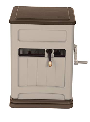 Suncast Resin Swivel Hose Hideaway and Storage Bin with Hose Guide - Durable Outdoor Automatic Hose Storage Reel with Swivel Base Crank Handle Lid Slide Trak Hose Guide and Storage - 225 Hose Capacity - Mocha and Taupe