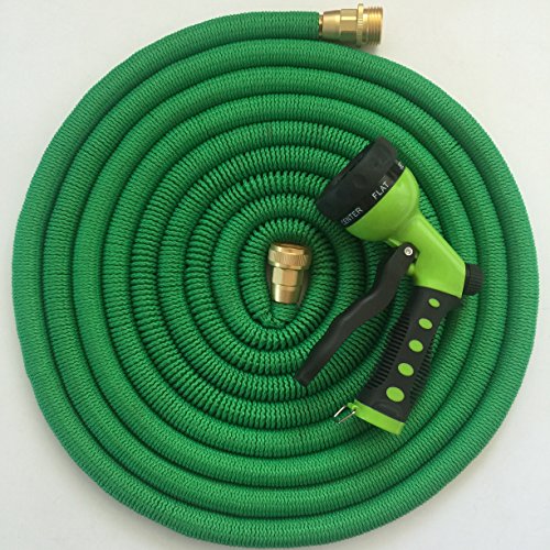 Expandable 50ft Green Garden Water Hose By Jfsg Outdoor - Strong Brass Connections - Free 7 Pattern Spray Nozzle