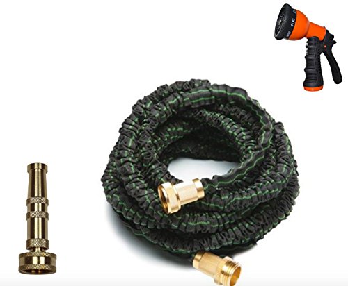 Expandable Garden Hose 50 Feet Metal Fittings Brass Nozzle Free Sprayer Combo