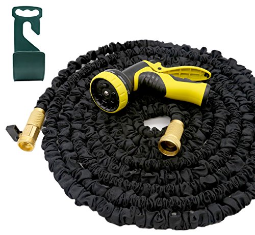 SCOPOW 50FT Garden Hose Expandable 3 Layer Latex Water Hose Flexible 34 Inch with All Brass Connectors Shutoff Valve 8 Pattern Spray Nozzle And Hook Hanger Holder