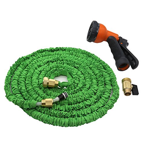 ANTEQI Double Latex Expandable Garden Hose with Brass Fittings Shut-off Valve and 8-way Spray Nozzle Green 50-Feet