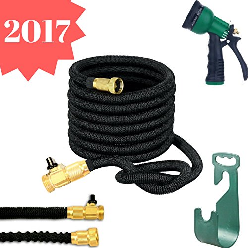 ProHoze ExHo-Black50 50-Feet Expandable Garden Hose with Brass Connector 8 Pattern Nozzle Hand Sprayer Rust-Free Hose Hanger Bag and Brass Fitting