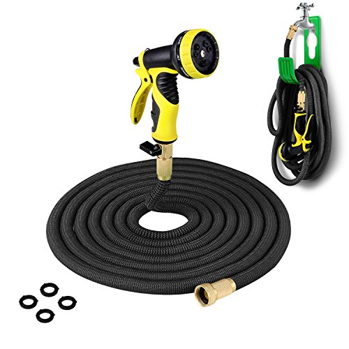 PLUSINNO Expandable Garden Water Hose FULL SET Heavy Duty Expanding Hose Pipe with Shut Off Valve Solid Brass Connector Hose Hanger and 9-pattern Spray Nozzle 75 Feet Black
