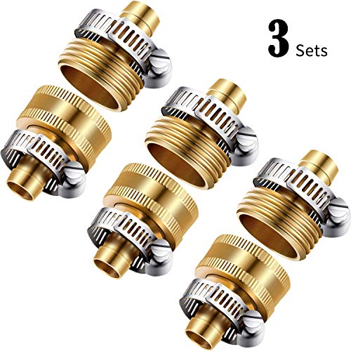 3 Sets 12 Inch Brass Garden Hose Repair Kit Mender End Water Hose End Mender Female and Male Hose Connector with 6 Pieces Stainless Steel Clamp