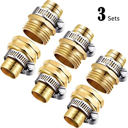 3 Sets 34 Inch Brass Garden Hose Repair Kit Mender End Water Hose End Mender Female and Male Hose Connector with 6 Pieces Stainless Steel Clamp