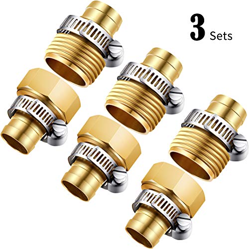 3 Sets 58 Inch Brass Garden Hose Repair Kit Mender End Water Hose End Mender Female and Male Hose Connector with 6 Pieces Stainless Steel Clamp
