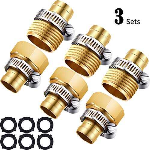 3 Sets 58 Inch Brass Garden Hose Repair Kit Mender End Water Hose End Mender Female and Male Hose Connector with 6 Pieces Stainless Steel Clamp and 6 Pieces 34 Inch Rubber Gaskets