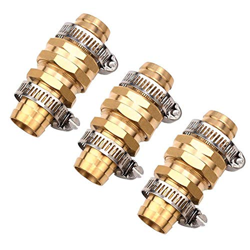 HONG 111 Brass Garden Hose Mender End Repair Kit 3 Sets 34 Inch Water Hose End Mender with Stainless Steel ClampFemale and Male Hose Connector