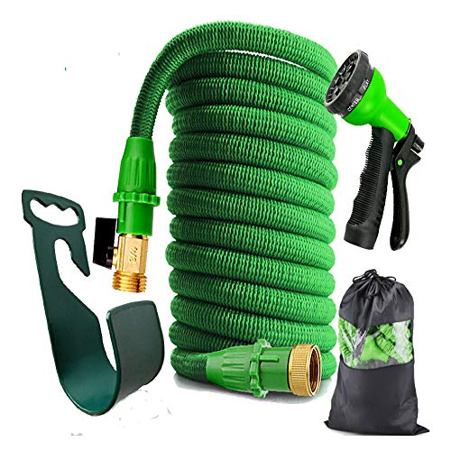 Green Expandable 15M Garden Hose W 8 Spray Nozzle Patterns Durable Lightweight Flexible Water Hose WDouble Latex Core Extra Strong 34 Solid Brass Fittings Nylon Storage Pouch