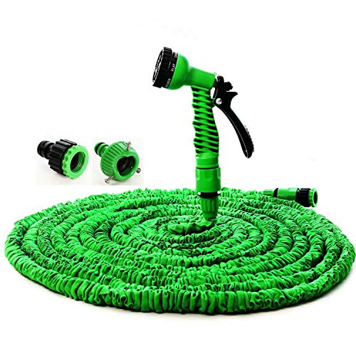 KinStore Garden Hose Flexible Expandable Irrigation Pipe 7-Pattern Spray High Pressure Washing Water-Gun for Car 7 in 1 Multifunction Portable Home Cleaning Tube 50FT 15m Green