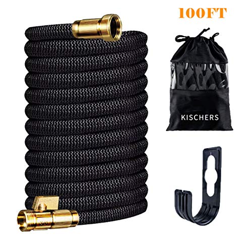 KISCHERS Expanding Garden Hose 100 ft Anti-Burst Expandable Water Hose Pipe with 3-Layers Natural Latex Core 34 Solid Brass Fittings with Storage Bag Hook Black