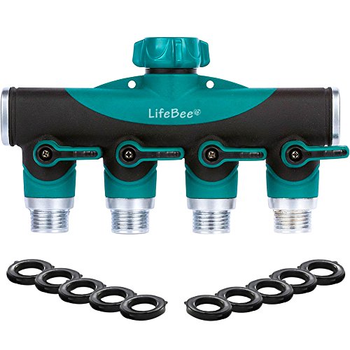 Lifebee Garden Water Hose Splitter Zinc Alloy Ball Valve Connector 4 Way With 10-piece Washer