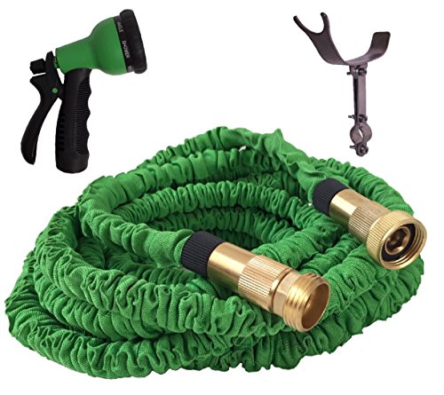 100 FOOT GREEN EXPANDABLE Garden Hose Strongest Expanding Hose Stainless Steel Holder pat pend Brass Fittings with Strain Reliever Rugged Nylon Fabric Double Latex Core 8 Way Sprayer Green