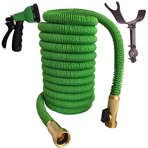 50 FOOT Green Expandable Garden Hose NEW 2017 Design - Strongest Expanding Hose DOUBLE LAYER Latex Core SOLID BRASS Fitting TOUGH Nylon Fabric Spray Nozzle STAINLESS STEEL Holder