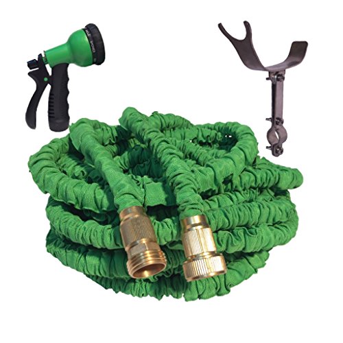 75 Foot Green Expandable Garden Hose Strongest Expandable Hose Stainless Steel Holder pat pend Brass Fittings Rugged Nylon Fabric Double Latex Core 8 Way Sprayer 75 Feet