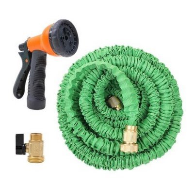 GenLed 50 Feet Green Expandable Garden Hose with Brass Connector and Spray Nozzle