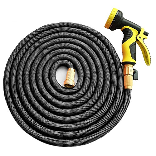 Daisy Expandable and Flexible Garden Water Hose with Shut off Valve Solid Brass Connector and 9-Pattern Yellow Spray Nozzle Black 50-Feet