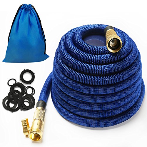 Iserlohn 50 Feet Expandable Garden Hose with 12 Pack Washer Strong Flexible Water Hose with Durable Triple Layer Latex Core Solid Brass Connector Blue