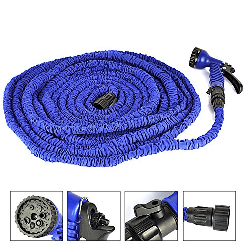 PrimeTrendz TM Expanding Hose Magic Flexible Expandable Garden Water Hose With 7 Functions Spray Nozzle and Shut-off Valve-Blue 50FT