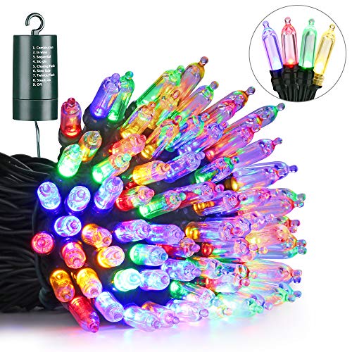 Battery LED Christmas Lights 33ft 100 LED String Lights Waterproof with 8 Modes Automatic Timer for Home Patio Lawn Garden Party and Holiday Decorations Multicolor